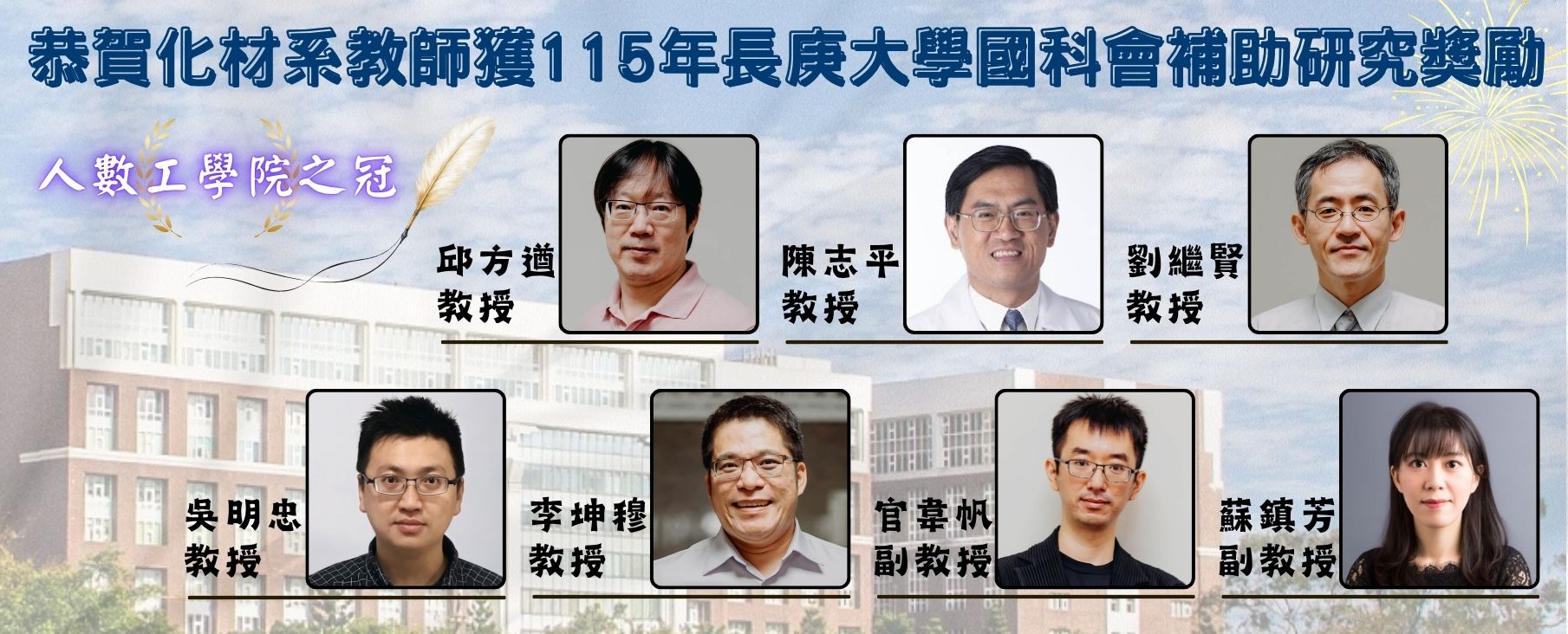 恭賀化材系教師獲115年長庚大學國科會補助研究獎勵