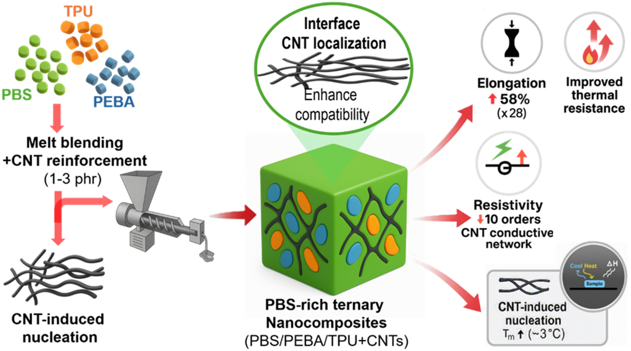 Interfacial localization of CNTs in PBS/PEBA/TPU ternary nanocomposites enhances compatibility, induces nucleation, and simultaneously improves electrical, thermal, and mechanical properties.