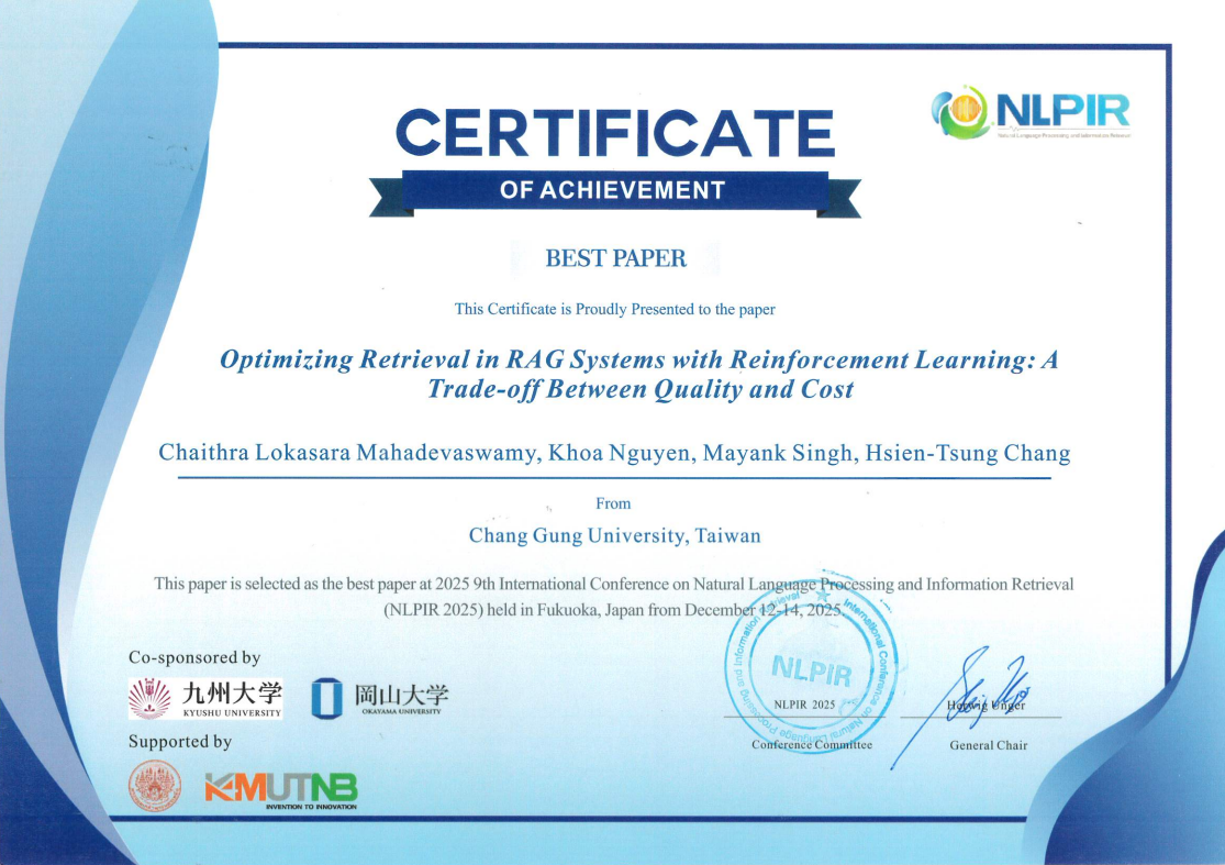 恭賀 Chaithra L. Mahadevaswamy、Khoa Nguyen、Mayank Singh、張顯宗 教授 榮獲 NLPIR 2025 最佳論文獎！