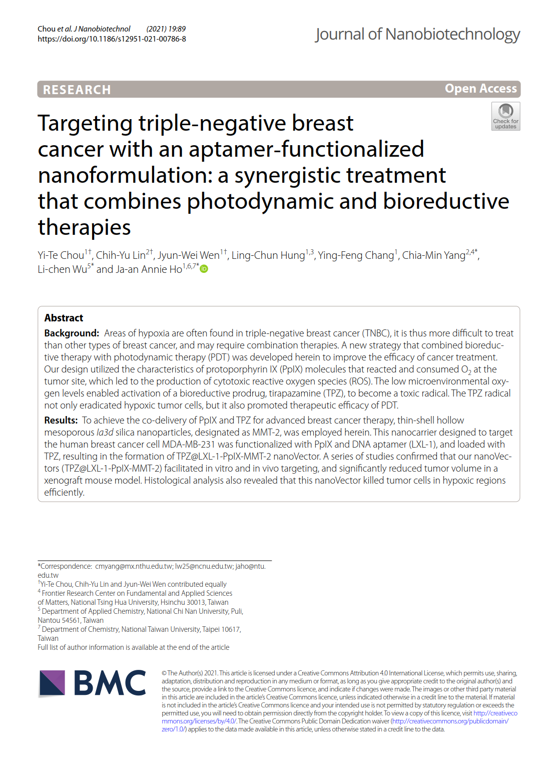 7. Y.‑T. Chou, C.‑Y. Lin, J.‑W. Wen, L.‑C. Hung, Y.‑F. Chang, C.‑M. Yang, L.‑C. Wu and J. A. Ho, “Targeting triple‐negative breast cancer with an aptamer‐functionalized nanoformulation: a synergistic treatment that combines photodynamic and bioreductive therapies,” Journal of Nanobiotechnology 19, 89, 2021. (SCI, IF: 10.2, Ranking: 12/158 biotechnology & applied microbiology)