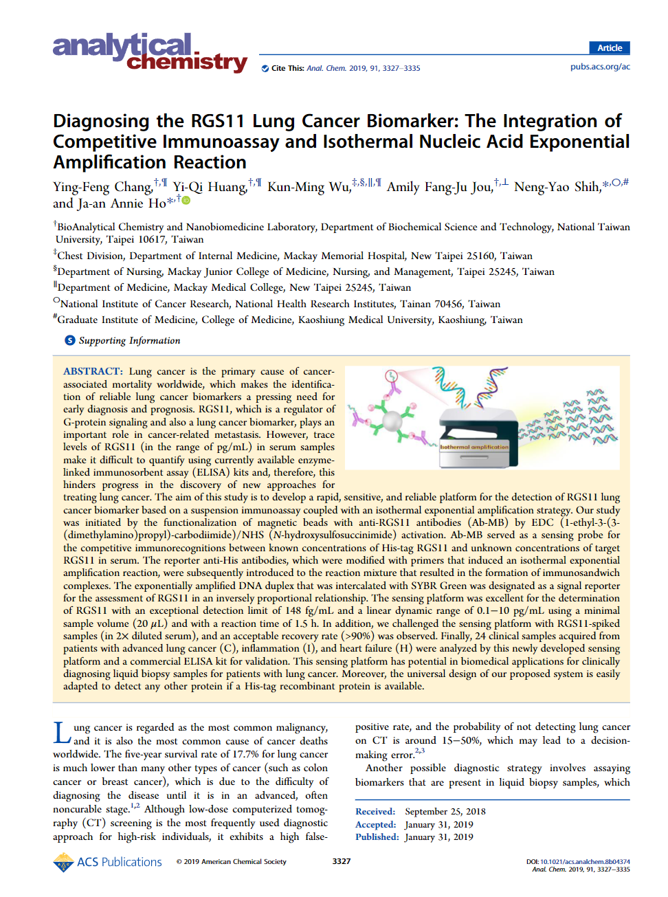 8. Y.-F. Chang, Y.-Q. Huang, K.-M. Wu, A. F.-J. Jou, N.-Y. Shih, J. A. Ho, “Diagnosing the RGS11 lung cancer biomarker: The integration of competitive immunoassay and isothermal nucleic acid exponential amplification reaction,” Analytical Chemistry 91, 3327-3335, 2019. (SCI, IF: 7.4, Ranking: 7/86 chemistry, analytical, First author)