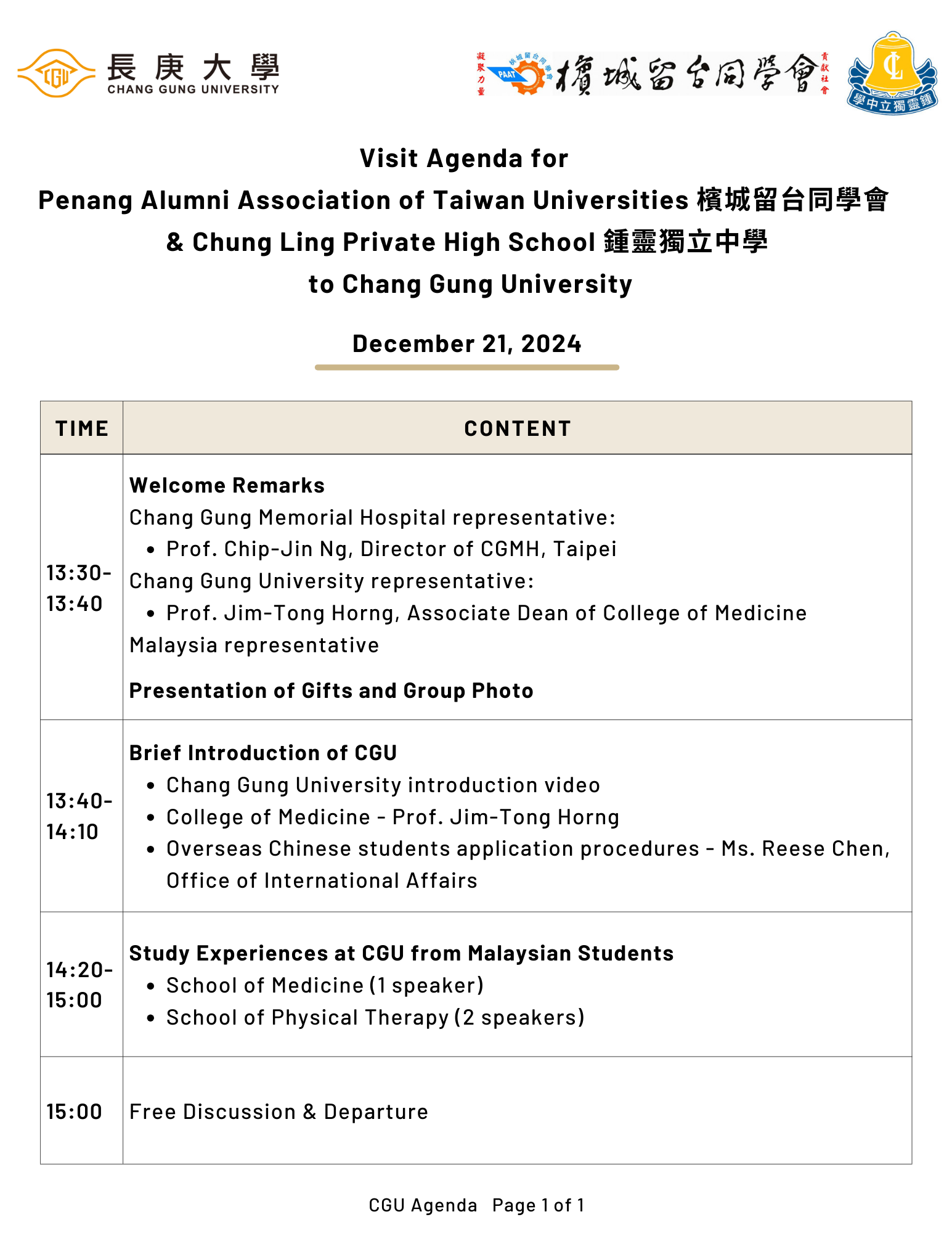 CGU visit agenda
