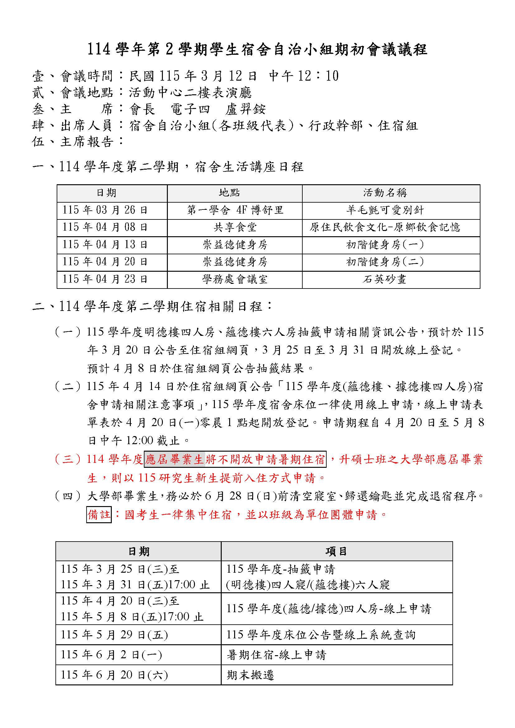 1 1 4 學 年 第 2 學期 學生宿舍 自治小組 期初 會 議